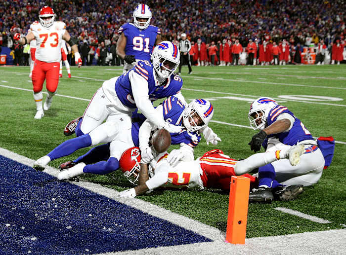 Kansas City Chiefs wide receiver Mecole Hardman Jr. (12) fumbles the ball through the end zone for a turnover that stopped a scoring chance.